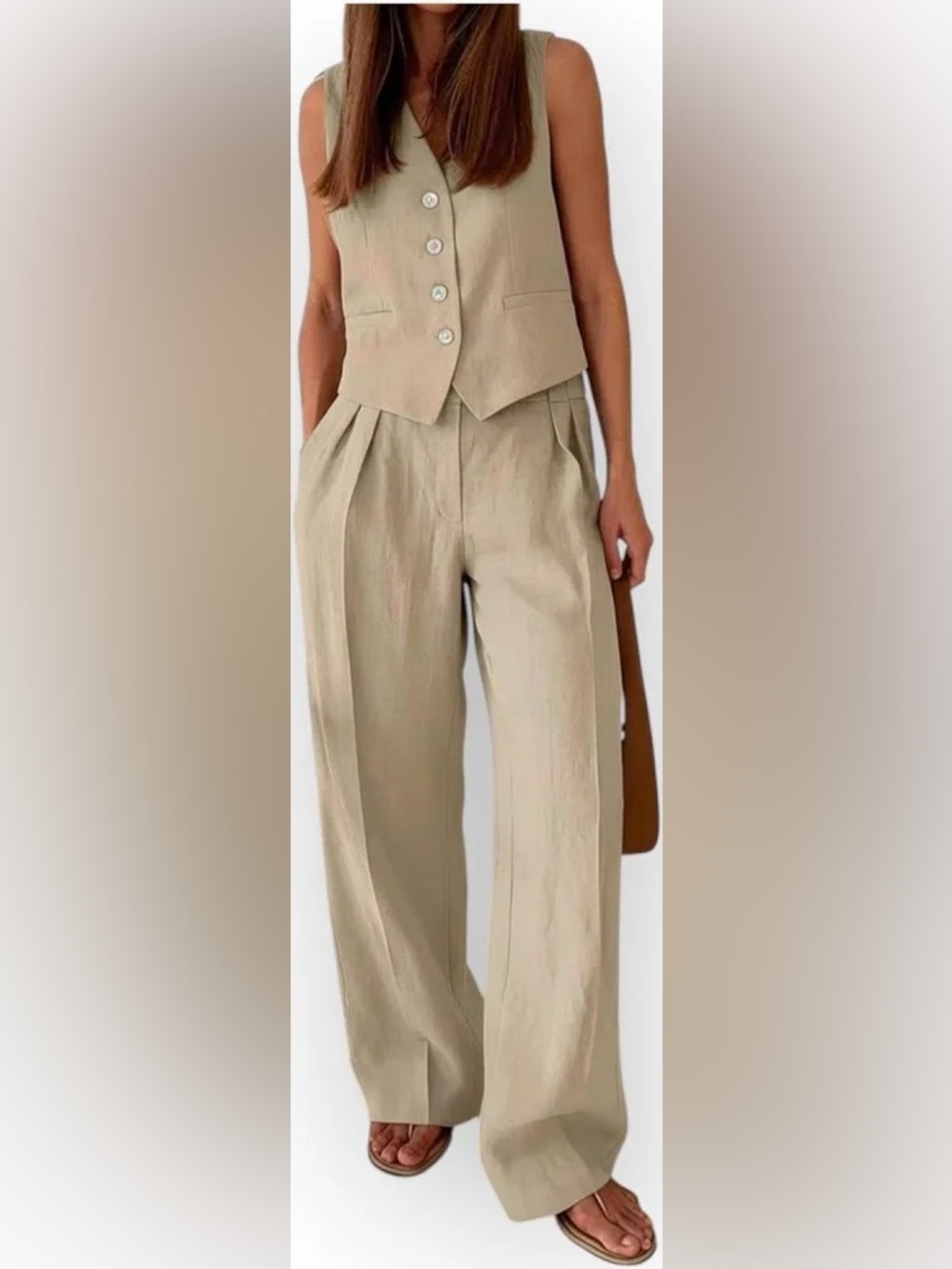 Commense NWT Beige Linen Vest & Wide-Leg Trousers Set Size M